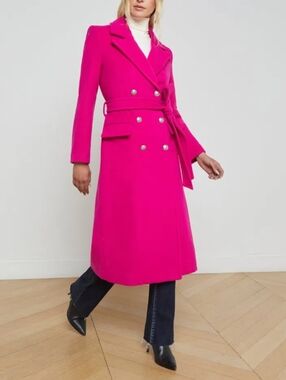 L'AGENCE Olina Belted Wool Long Peacoat Berry Hot Pink Fuchsia, Size 8
